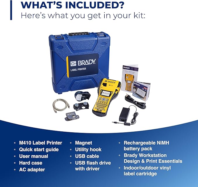 Brady M410 Handheld Portable Label Printer Kit with Carrying Case, Label Cartridge, Rechargeable Battery and Charger, 11.5" H x 6" W x 3.5" H