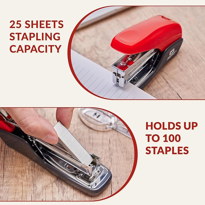NEEWAY Effortless Stapler 25 Sheets Capacity, Jam Free, 4 in 1 Office Supplies Set with Staple Remover, 100pcs Paper Clips and 1000 Staples for Desk, Home (Red