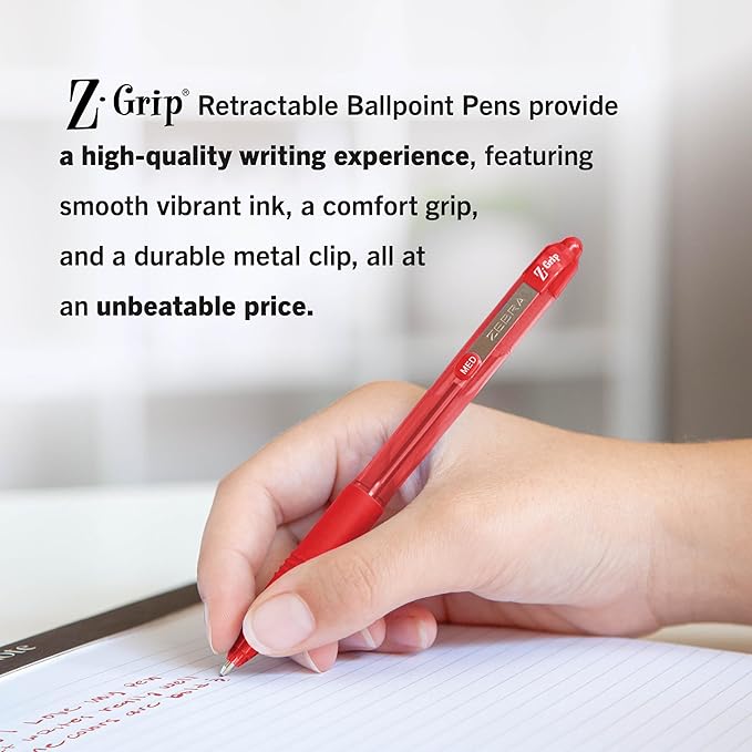 Zebra Pen Z-Grip Retractable Ballpoint Pen, Smooth-Flowing Red Ink, 1.0mm Medium Point, School & Office Supplies, Ideal for Note-Taking, Journal and Planner Use, 12-Pack (22230)
