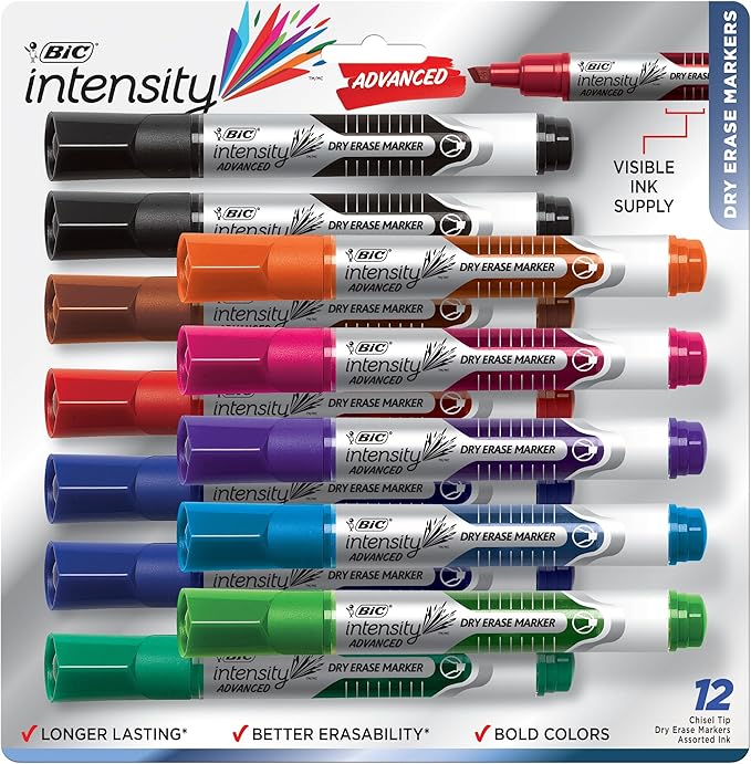 BIC Intensity Advanced Colorful Dry Erase Markers, Chisel Tip, 12-Count Pack of Assorted Colors, Whiteboard Markers for Teachers and Office Supplies