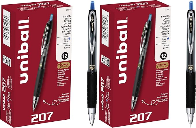 uniball 207 Retractable Gel Pens, Micro Point (0.5mm), Blue, 12 Count (Pack of 2)