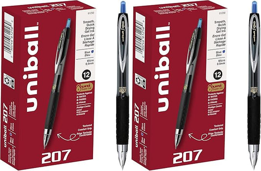 uniball 207 Retractable Gel Pens, Micro Point (0.5mm), Blue, 12 Count (Pack of 2)