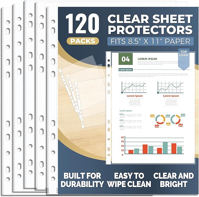 120 Pack Clear Sheet Protectors 8.5 × 11 Inch, Plastic Page Sleeves for 3 Ring Binder, Transparent Letter‑Size Document Covers, Top Loading, for Paper Documents, Home, School and Office Use
