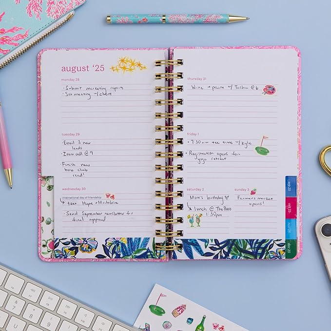 Lilly Pulitzer Medium Planner August 2025 - December 2026, Weekly Agenda & Monthly Calendar, Stickers, Pockets, Spiral Binding, 5" x 8.25" (Tis the Sea Sun)
