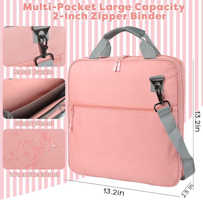 ChezMax Zipper Binder 3 Ring with Lunch Box - Zipper Binder Organizer Bag with Shoulder Strap & Handle, 2 Inch O Ring Binders, Large 500 Sheet Capacity & Multi-Pocket Binders Bag Organizer, Pink