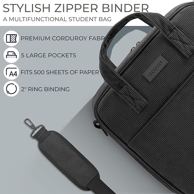 Sturdy 3-Ring Zipper Binder with Shoulder Strap for School – Beautiful 2-Inch Zip-Up Binder with Extra Pockets Holds 500 Sheets, Books & Laptop – Easy-to-Carry Trapper Keeper Made of Premium Fabric
