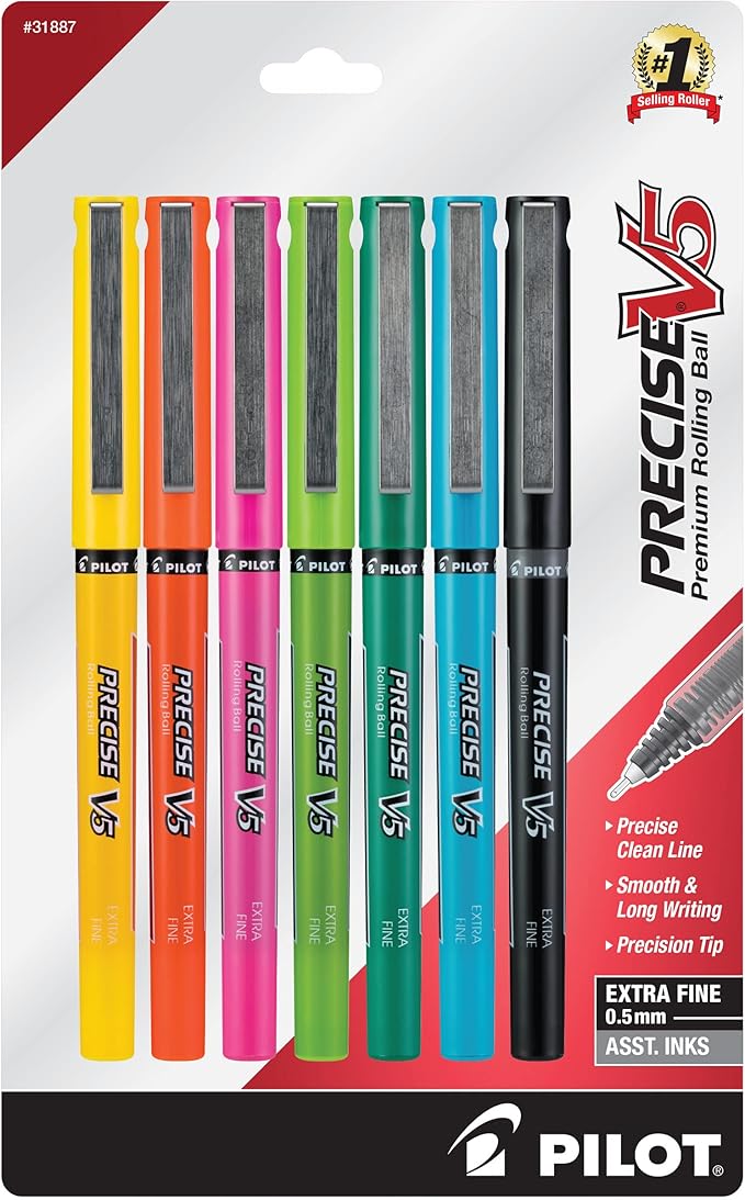 Pilot Precise V5 Capped Liquid Ink Rollerball Pens, Extra Fine Point Ink Pens 0.5 mm, Colored Pens, Assorted Colors, Pack of 7 - Ideal for School, Journaling, & Office Writing