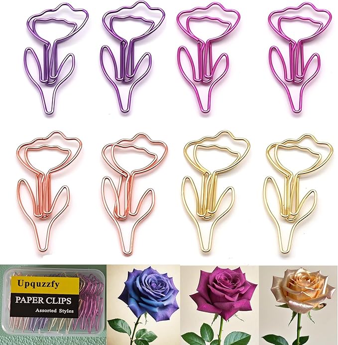 24 Pcs Metal Paper Clips Set - Multicolored Rose-Shaped Cute Paperclips for School and Office File Organization, Suitable for Party and Wedding Decor