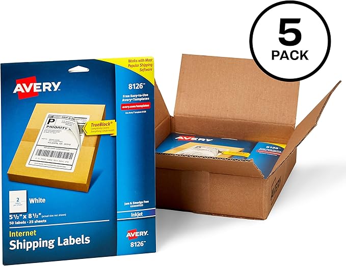 Avery Half-Sheet Printable Shipping Labels, 5.5" x 8.5" Customizable Stickers, White, 50 Blank Mailing Labels, Great for Mailing, Shipping, Organizing, and More, 250 Labels Total (5-Pack of 8126)