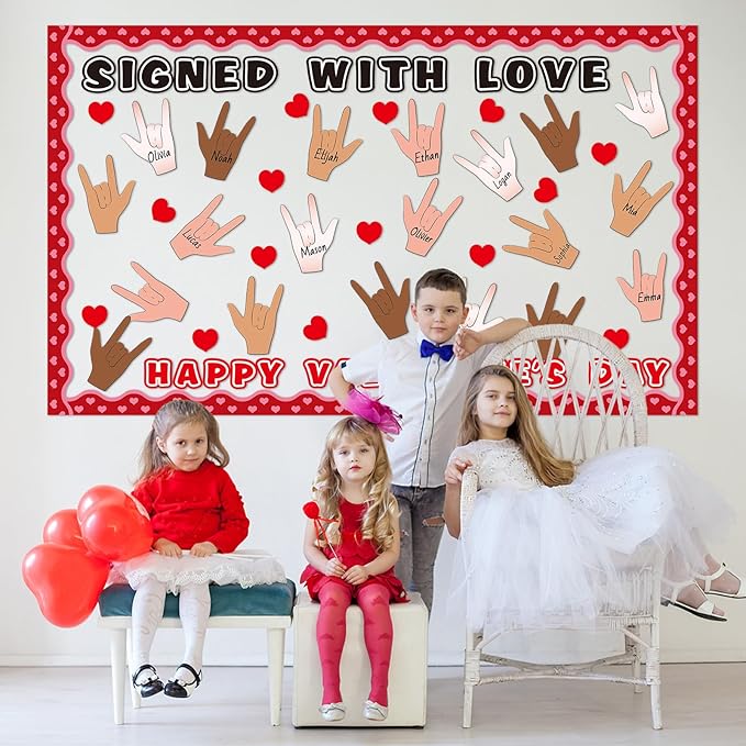 Valentine's Day Bulletin Board Decorations Set Signed with Love Classroom Decoration Happy Valentine's Day Love Heart Hand Gesture Cutouts for School Office Home Chalkboard Wall Decor Party Supplies