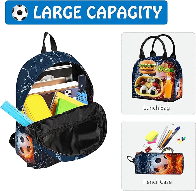 3PCS Backpack for Boys Girls, Kids Soccer Back to School Backpack Sets with Lunch Bag Pencil Case, 17 Inch Lightweight Bookpack 3 in 1 Set for Teens Elementary Middle High School Students