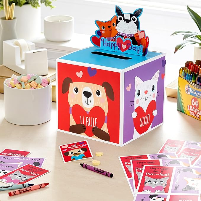 Hallmark Cats and Dogs Valentines Day Cards and Mailbox for Kids School Classroom Exchange (1 Box, 32 Valentine Cards, 1 Teacher Card)