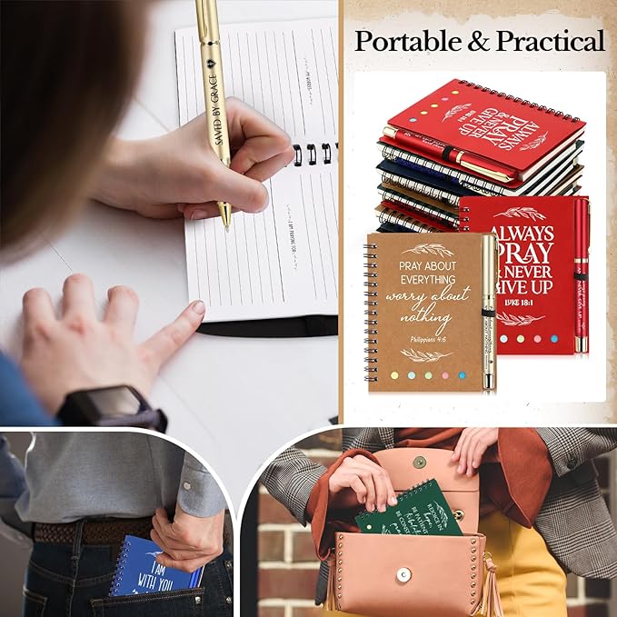 Spakon 50 Set Christian Gifts Bulk Easter Mother's Day Church Sticky Note Spiral Notebook Bible Verse Ballpoint Pen Prayer Journal Religious Scripture Notepad Sunday School Teacher Party Favors