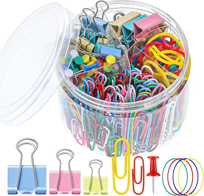 350 Pcs Colored Paper Clips Assorted Sizes and Binder Clips, Paper Clamps Rubber Bands Push Pins Teacher Supplies for Classroom Office Desk Essentials