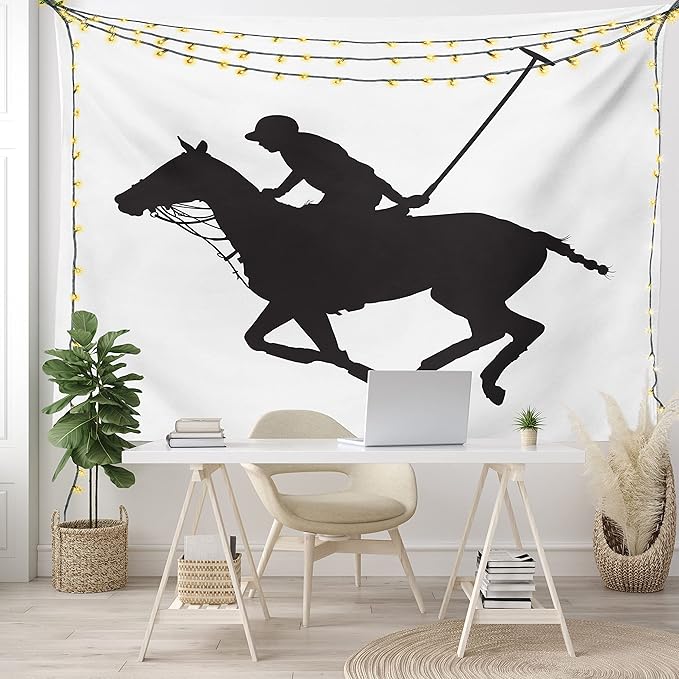 Ambesonne Sports Tapestry, Silhouette Illustration of Polo Player on a Horse Hitting a Ball Print, Fabric Wall Hanging Decor for Bedroom Living Room Dorm, 28" X 23", Charcoal Grey