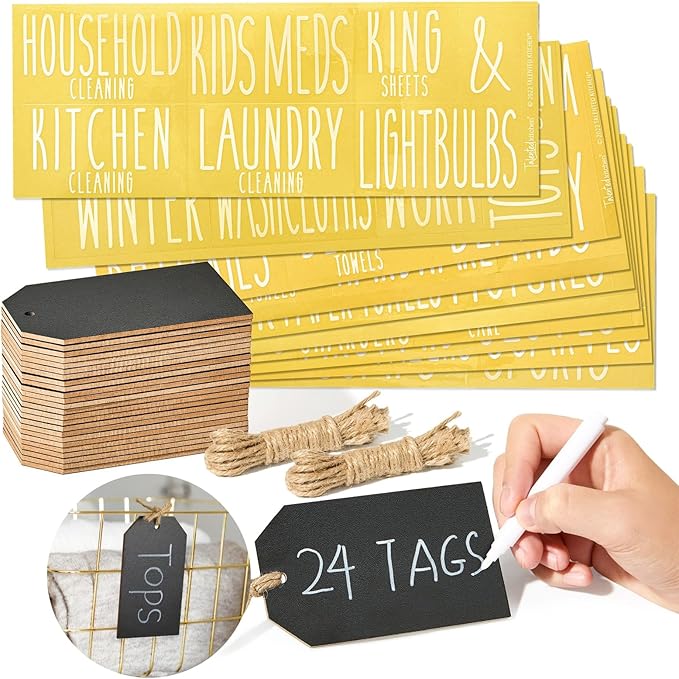 Talented Kitchen Wood Chalkboard Tags - Hanging Chalkboard Label Tags with String - Farmhouse Kitchen Pantry Basket Labels - 4.33"x 2.5", Pack of 24, Black