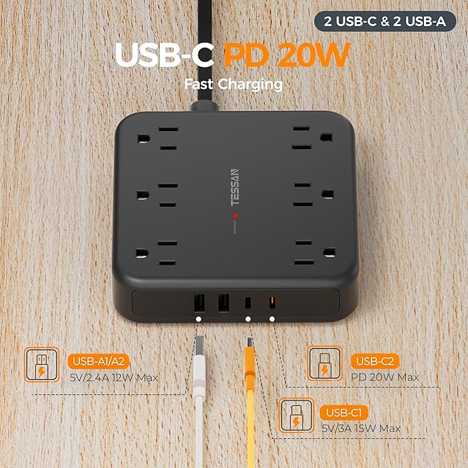 TESSAN Flat Plug Extension Cord 15 Ft, 2100J Surge Protector Power Strip with 6 Outlets and 4 USB Ports (2 USB C), PD 20W Fast Charger, Multiple Charging Station for Home Office Dorm Room, Black