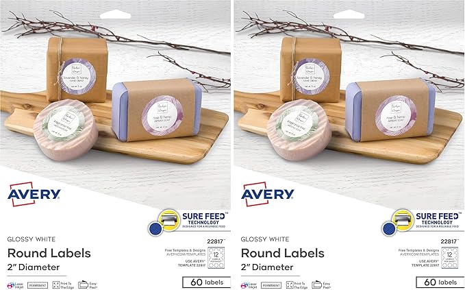 Avery Printable Round Labels with Sure Feed, 2" Diameter, Glossy White, 60 Customizable Labels (22817) (Pack of 2)