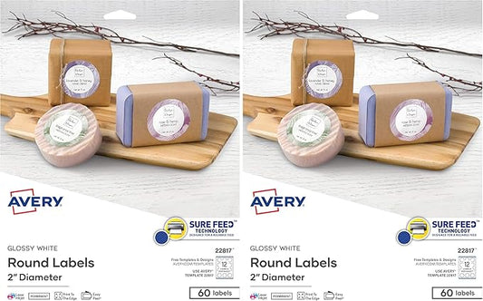 Avery Printable Round Labels with Sure Feed, 2" Diameter, Glossy White, 60 Customizable Labels (22817) (Pack of 2)