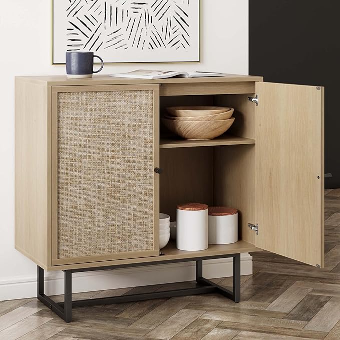 Nathan James Kova Rattan Wood Accent Sideboard Storage Cabinet TV Stand with Matte Metal Frame, Adjustable Shelves and Cane Doors, for Hallway, or Living Room, Light Oak/Cane/Black, Set of 2