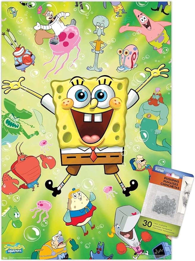 Trends International Nickelodeon SpongeBob Squarepants : Kamp Koral - Burst Wall Poster, 14.725" x 22.375", Premium Poster & Push Pin Bundle
