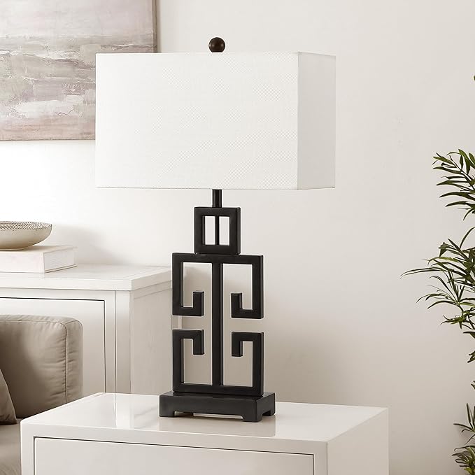 SAFAVIEH Lighting Collection – Greek Key Table Lamp Set of 2 – Oil-Rubbed Bronze Base with White Fabric Shade, LED Bulbs Included, 29-Inch Bedroom Living Room Desk Lamps (LIT4305B-SET2)