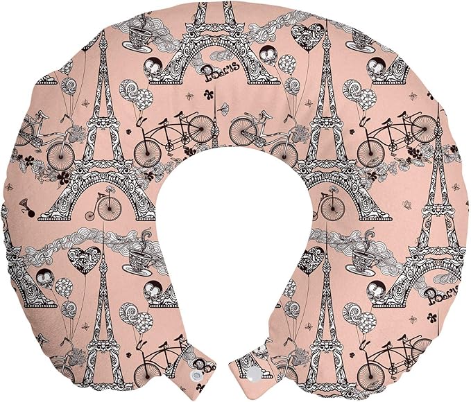 Ambesonne Eiffel Travel Pillow Neck Rest, Retro Bicycles Coffee Heart Balloons French Landmark Swirls, Memory Foam Traveling Accessory for Airplane and Car, 12", Salmon White