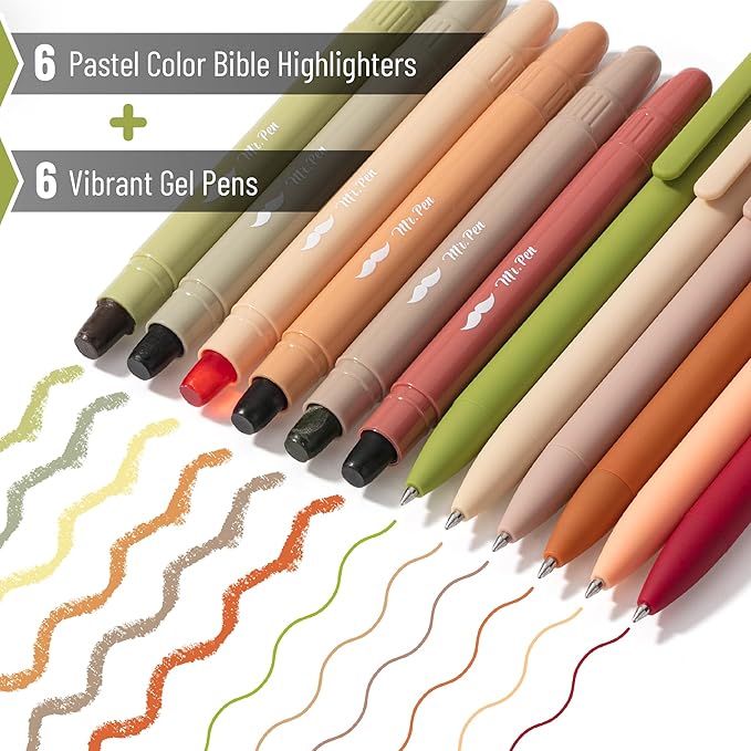 Mr. Pen- Bible Gel Highlighters and Pens, 12 Pack, Earthy Colors No Bleed, Aesthetic Gel Pens, Bible Journaling Set