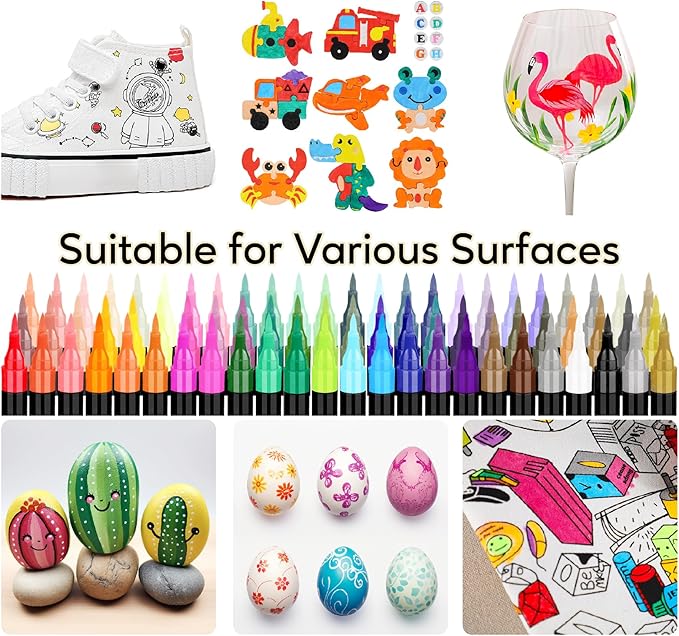 120 Colors Acrylic Paint Markers, Dual Tip Fine Tip and Brush Tip Pens Contain 24 Metallic Color for Stone, Wood, Calligraphy, Canvas, Ceramic, Metal, Glass, Rock Painting, DIY Crafts
