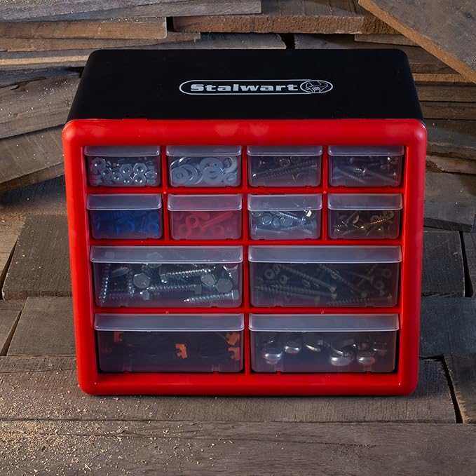 Set of Two Storage Bins with Drawers – Pair of 12 and 24 Drawer Desktop or Wall Mount Plastic Tool Organizers for Hardware or Crafts by Stalwart (Red)