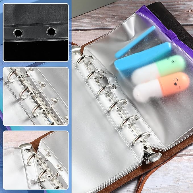40 Pieces Binder Pockets 6 Hole Zipper Pouch 6 Ring A7 Pockets with Zipper Binder Folders Plastic Pouches Loose Leaf Bags Waterproof PVC Document Filing Bag