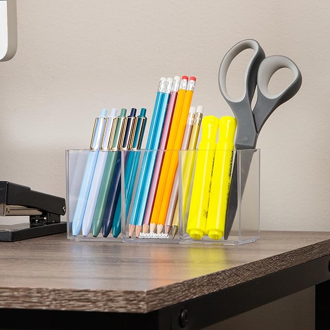 Mind Reader Pen and Accessories Holder, Desktop Organizer, Makeup Organizer, Office, Acrylic, 7"L x 2.5"W x 3.5"H, Clear