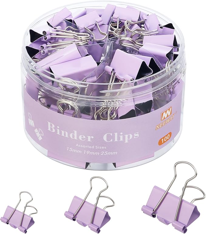 NEEWAY 100 Count Binder Clips Assorted Sizes, Paper Binder Clips (0.6inch 0.75inch 1inch), Metal Paper Clamps for Office and Home (Purple)