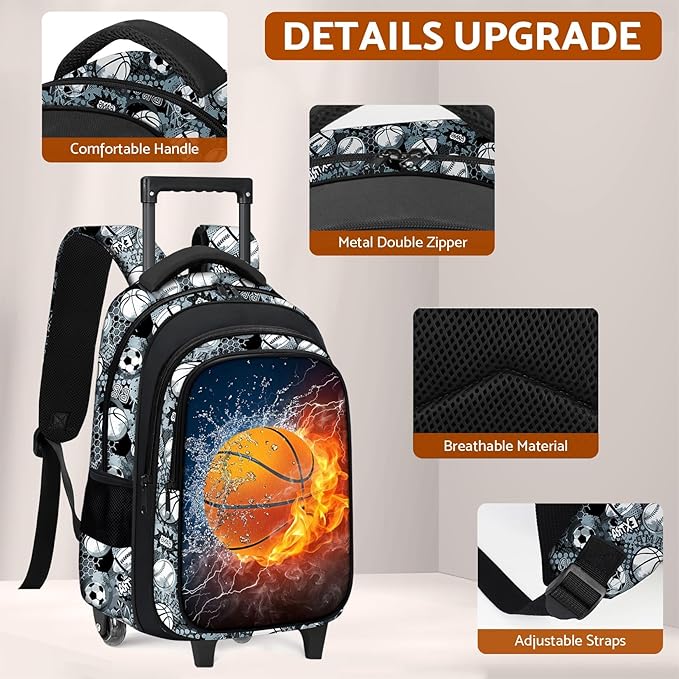 Boys Rolling Backpack for Kids - Basketball Kids Rolling Backpack with Wheels for Elementary Middle School Students - Sport Roller School Bookbag Aged 6-18, Wheeled Travel Bag Large Capacity