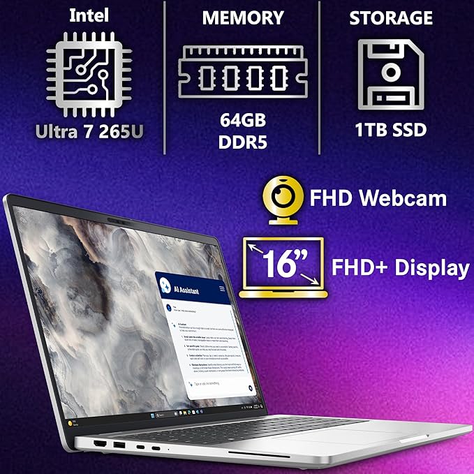 Dell Pro 16 Plus PB16250 (Replaces Latitude 5550) AI Business Notebook 16" FHD+ Intel Ultra 7-265U, 64GB DDR5 RAM, 1TB SSD PCIe, Wi-Fi 6E, BT, Backlit Keyboard, HD Webcam, RJ-45, Win 11 Pro - Silver