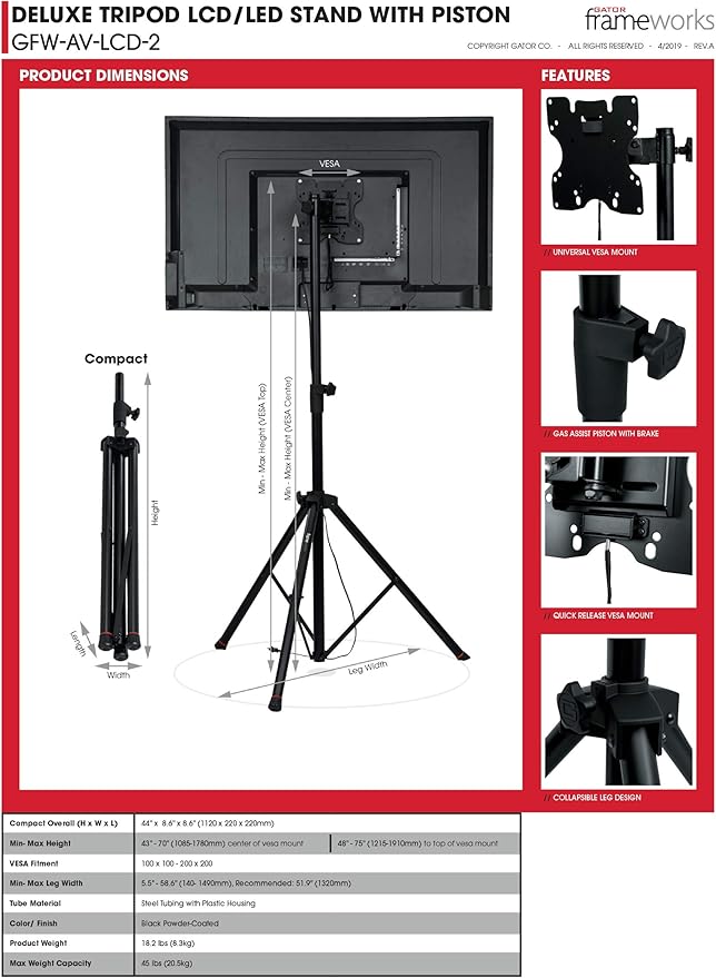 Gator Frameworks Deluxe Adjustable Tripod LCD/LED TV Monitor Stand with Lift Piston, Fits Screens up to 48" (GFW-AV-LCD-2)