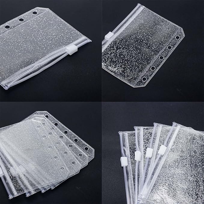 10pcs A8 Cash Stuffing Envelopes Zipper Binder Pockets Clear Glitter PVC 5 Hole Zip Sleeves Loose Leaf Pouches for 5 Ring Binder Planner (A8 3.15" x 4.33")