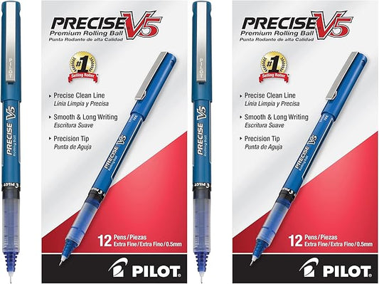 PILOT Precise V5 Rollerball Pens,Extra Fine Point 0.5 mm Blue Pens,Blue - Ideal for School,Journaling & Office Writing,(Pack of 24)