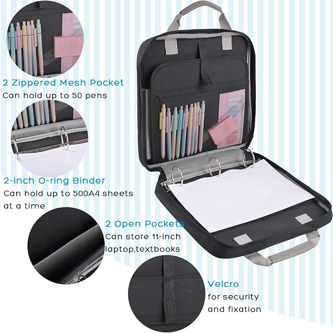 ChezMax Zipper Binder 3 Ring with Lunch Box - Zipper Binder Organizer Bag with Shoulder Strap & Handle, 2 Inch O Ring Binders, Large 500 Sheet Capacity & Multi-Pocket Binders Bag Organizer, Black