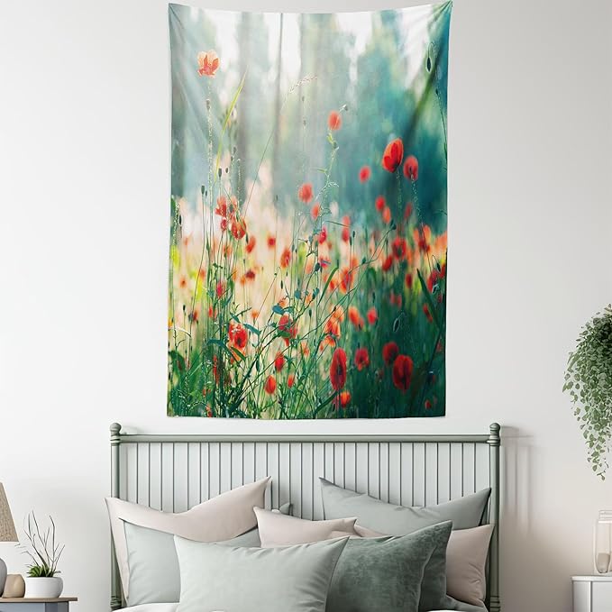 Ambesonne Nature Tapestry Twin Size, Wild Red Poppy Flowers Field Summertime Sunbeams Gardening Bedding Plants, Wall Hanging Bedspread Bed Cover Wall Decor, 68" X 88", Red Green Yellow