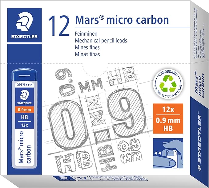 STAEDTLER Mars Micro Carbon 250 09 0.9mm HB Mechanical Pencil Lead (Pack of 12) (250 09-HB VE)