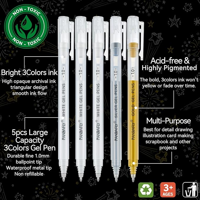 PANDAFLY Gold Silver White Gel Pens, 1mm Extra Fine Point White Pen for Art Highlight & Artists Drawing, Opaque Archival Ink Pens for Black Paper Drawing, Sketching, Illustration, Card Making, 5 Pack