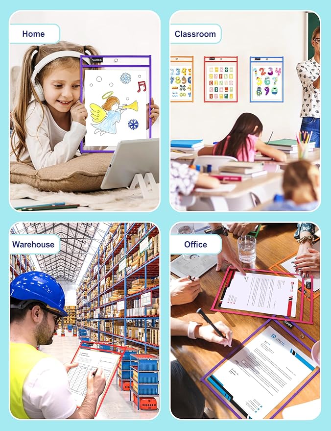 SUNEE 35 Packs Oversized Reusable Dry Erase Pocket Sleeves with 2 Rings, 10 Assorted Colors 10x14 Ticket Holders, Clear Plastic Sheet Protectors, Teacher School Classroom Supplies