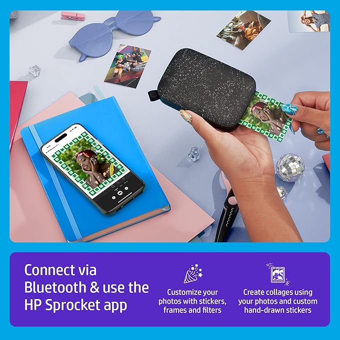 HP Sprocket Portable 2x3 Instant Photo Printer (Black Noir) Print Pictures on Zink Sticky-Backed Paper from Your iOS & Android Device.