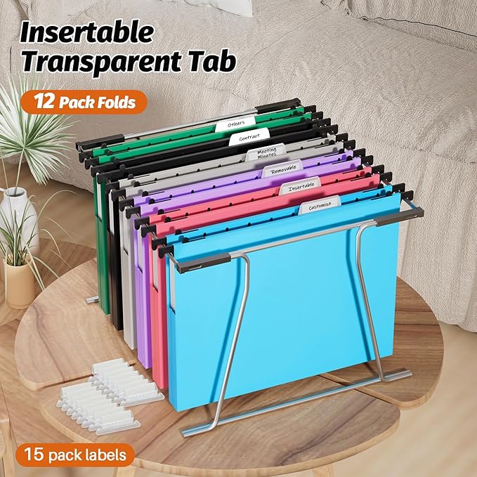 Hanging File Folders Letter Size, 12 Pack File Folders Hanging with Tabs, File Cabinet Folder, 1 Inch Plastic Filing Folders Hanging Expandable for Bulk Files/Medical Charts, Assorted Colors