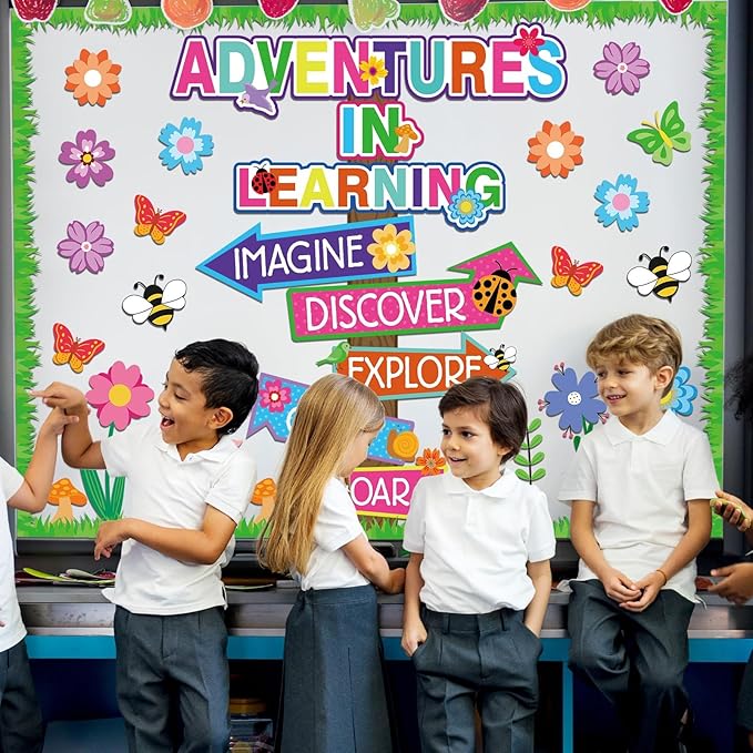 56 Spring Piece Adventures in Reading Bulletin Board Classroom Decoration Flower Signpost Paper Cutouts Supplies Colorful Floral Bulletin Board Decorations for Spring Classroom Wall Door Flower Decor