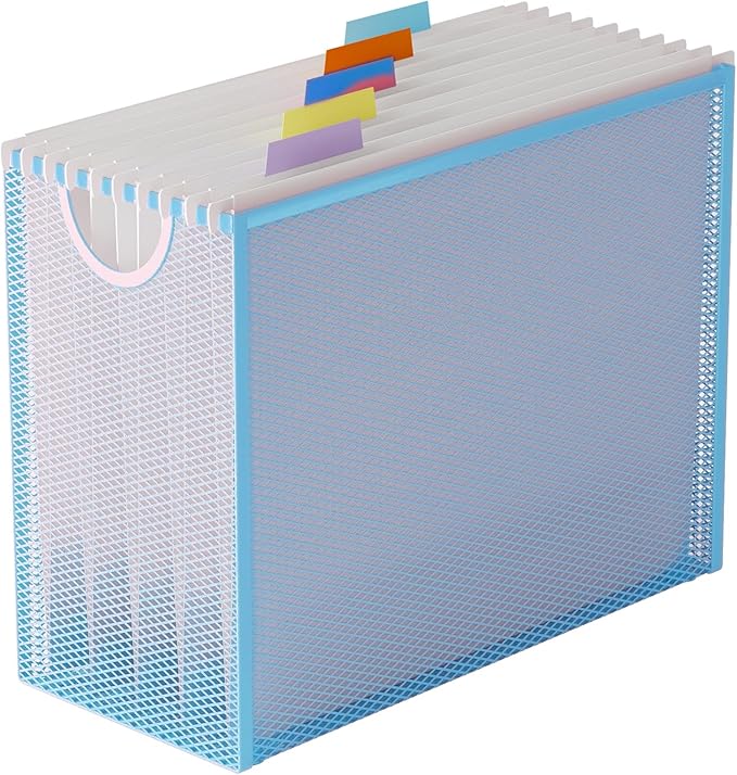Hanging File Organizer, Letter-Size File Holder Filing Box with 5 Hanging Folders, Metal Mesh Desk File Folder Storage(No Assembly Required) (Blue, with 5 Grey Folders)