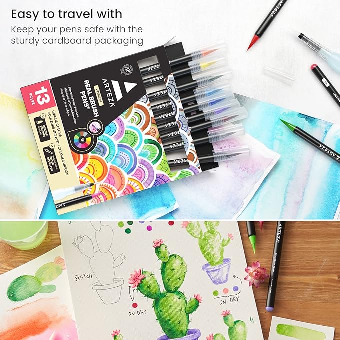 ARTEZA Real Brush Pens, 12 Watercolor Pens, Drawing Markers with Flexible Brush Tips, Watercolor Markers for Artists, and Beginners
