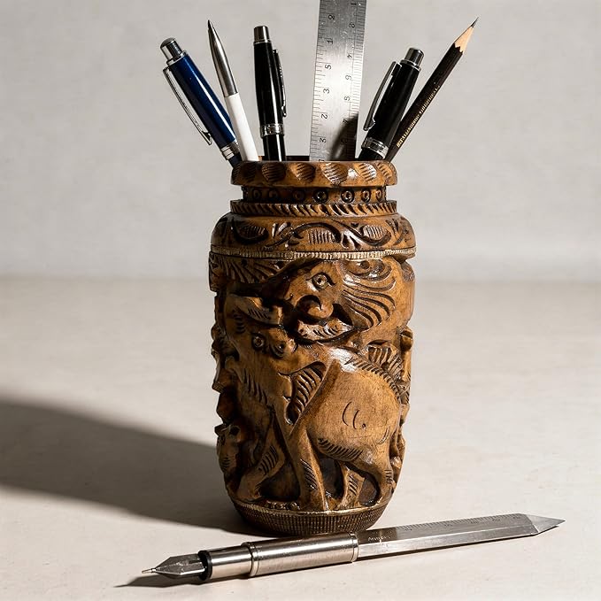 Craft Trade Hand Carved Wood Pen Holder for Desk Organizer for Home School Office Supplies Pencil Cup Pot Storage Box Suitable for Stationery - Lovely Wood