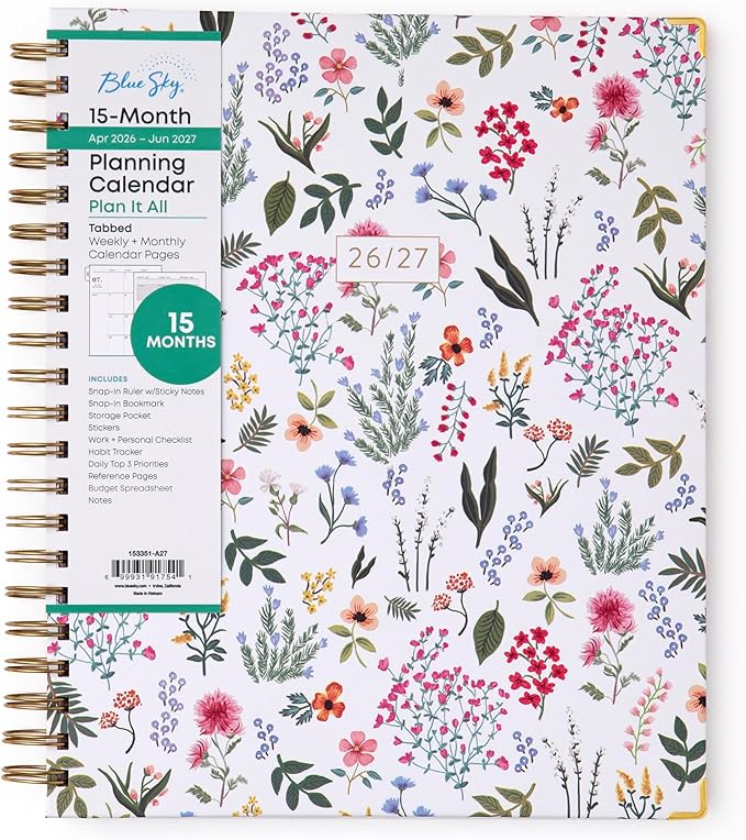 Blue Sky 15 Month 2026-2027 Weekly and Monthly Academic Year Planner Calendar, April 2026 - June 2027, 8.5" x 11", Hard Cover, Wirebound, Laminated Tabs, Storage Pocket, Includes Snap-in Ruler w/Sticky Notes & Sticker Sheet, Londonberry White
